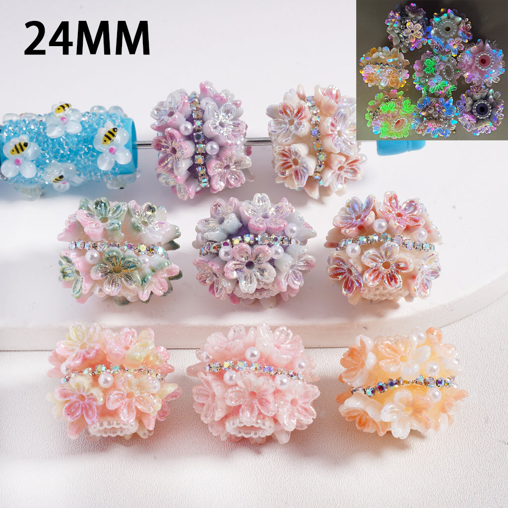 Clay Beads Luminous Shiny Flowers AB Rhinestones Chains White Pearls, 24MM, Random Mix