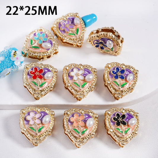 Fancy Gold Alloy Beads Cute Flower White Pearl, Heart Shape, 22*25MM, Random Mix