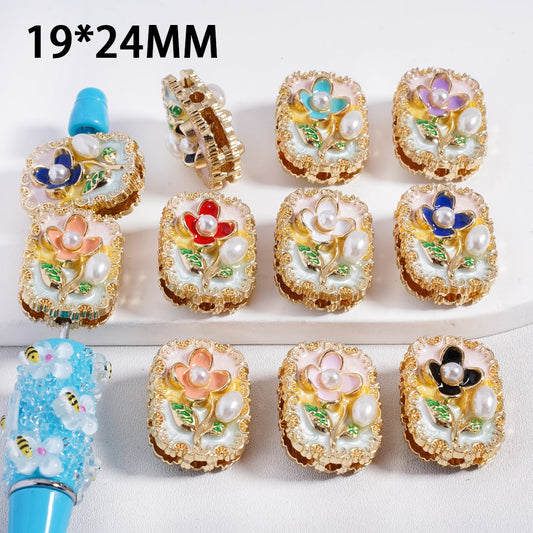Fancy Gold Alloy Beads Cute Flower White Pearl, Rectangle Shape, 19*24MM, Random Mix
