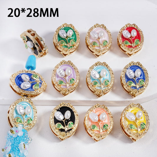 Fancy Gold Alloy Beads Cute White Pearl Flower, Oval Shape, 20*28MM, Random Mix