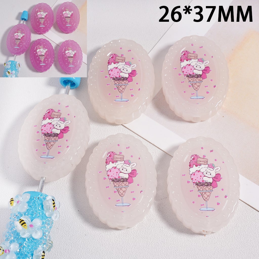 Acrylic Beads Color Changing Cute Bunny Cat Girl Printed, Flat Oval Shape, 26*37MM (Single Color is available for 100pcs(Whole Bag) Only)
