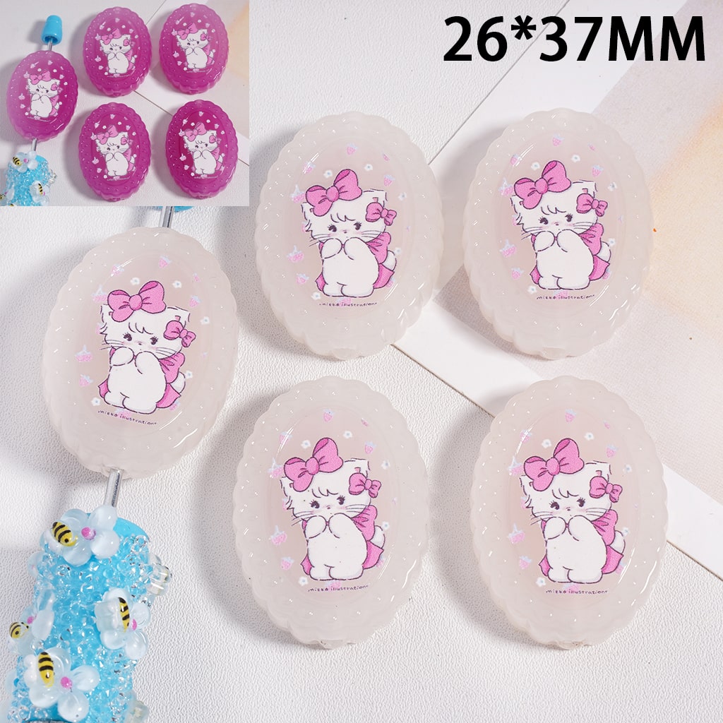 Acrylic Beads Color Changing Cute Bunny Cat Girl Printed, Flat Oval Shape, 26*37MM (Single Color is available for 100pcs(Whole Bag) Only)