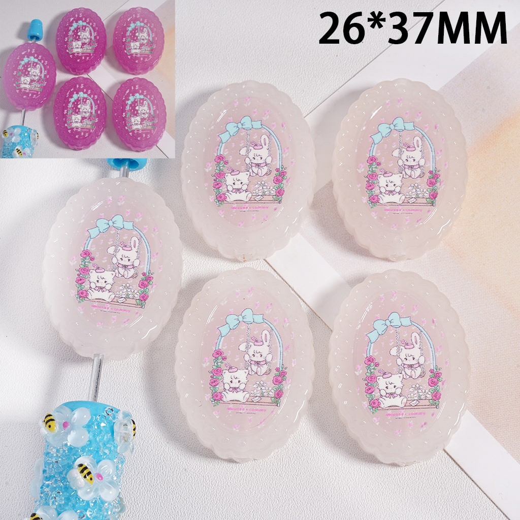 Acrylic Beads Color Changing Cute Bunny Cat Girl Printed, Flat Oval Shape, 26*37MM (Single Color is available for 100pcs(Whole Bag) Only)