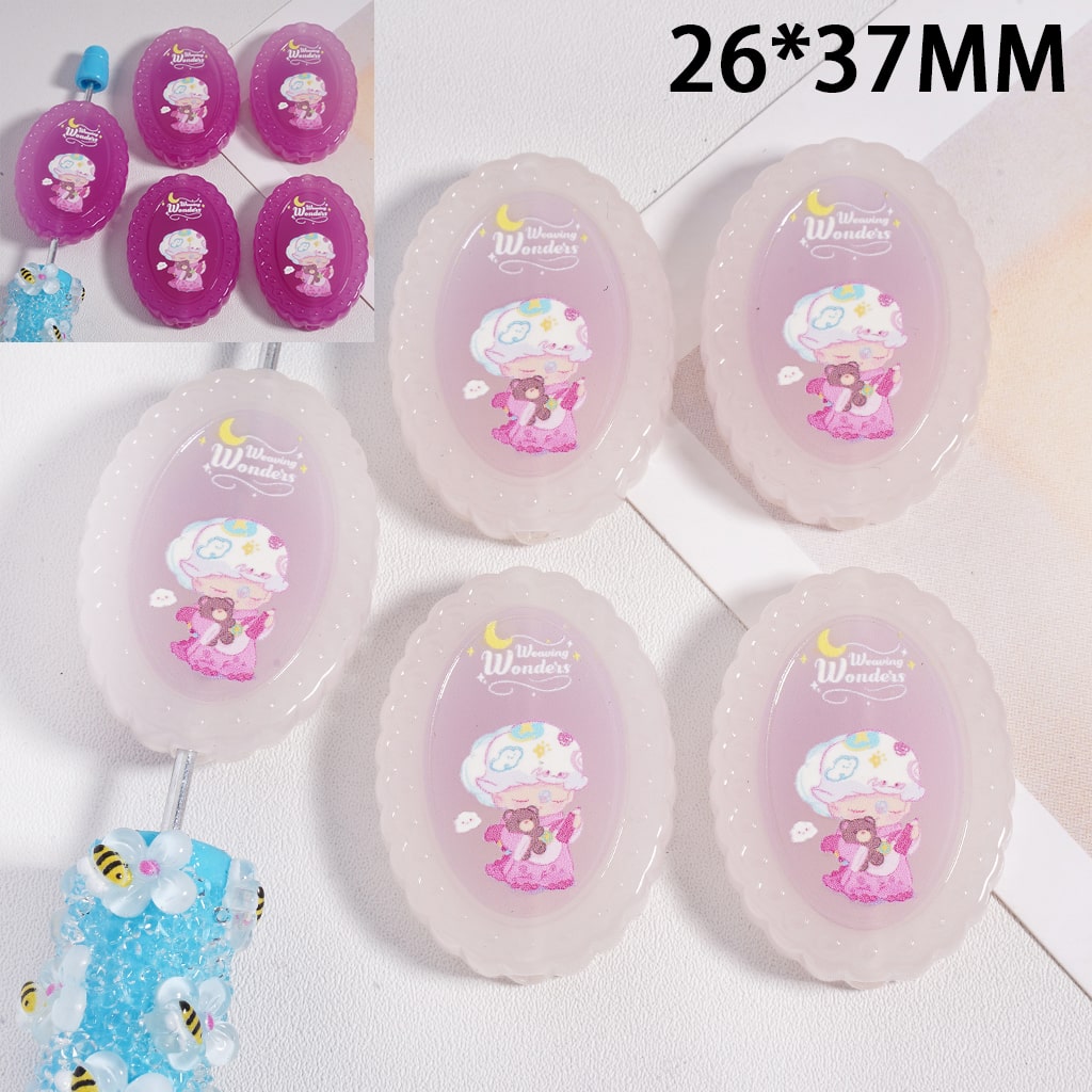 Acrylic Beads Color Changing Cute Bunny Cat Girl Printed, Flat Oval Shape, 26*37MM (Single Color is available for 100pcs(Whole Bag) Only)