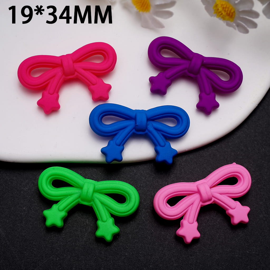 Acrylic Beads Matte Rubber Touch Bowtie with Mini Star in Neon Color, 19*34MM, Random Mix