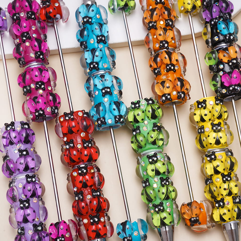 Beadable Clay Pens with Clear Ladybug and AB Rhinestones, Various Colors, Random Mix