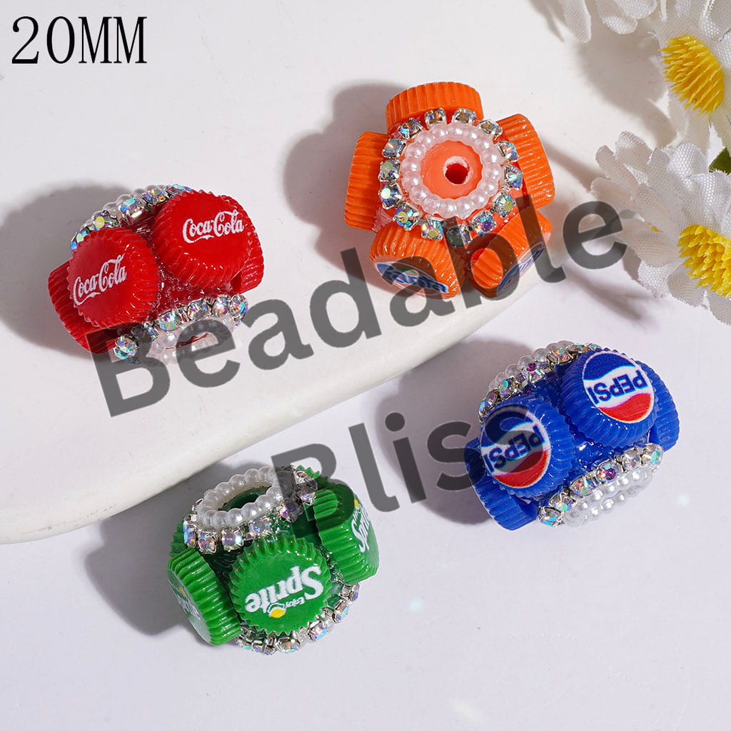 Handmade Acrylic Beads with Soda Drinking Bottle Cap, AB Rhinestones and White Pearl Chains, 20MM Random Mix