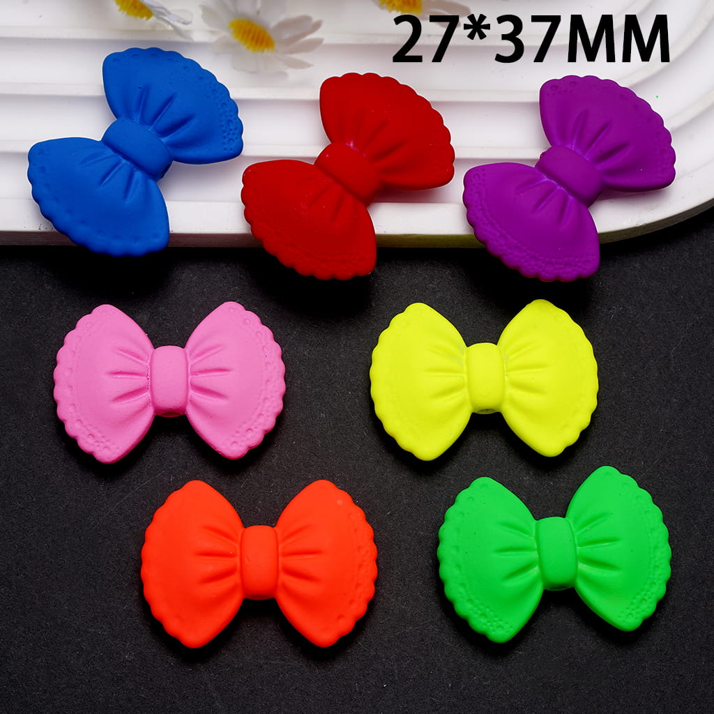 Acrylic Beads Bowtie with Lace Edge in Matte Rubber Touch, Fluorescence Colors, 27*37MM, Random Mix
