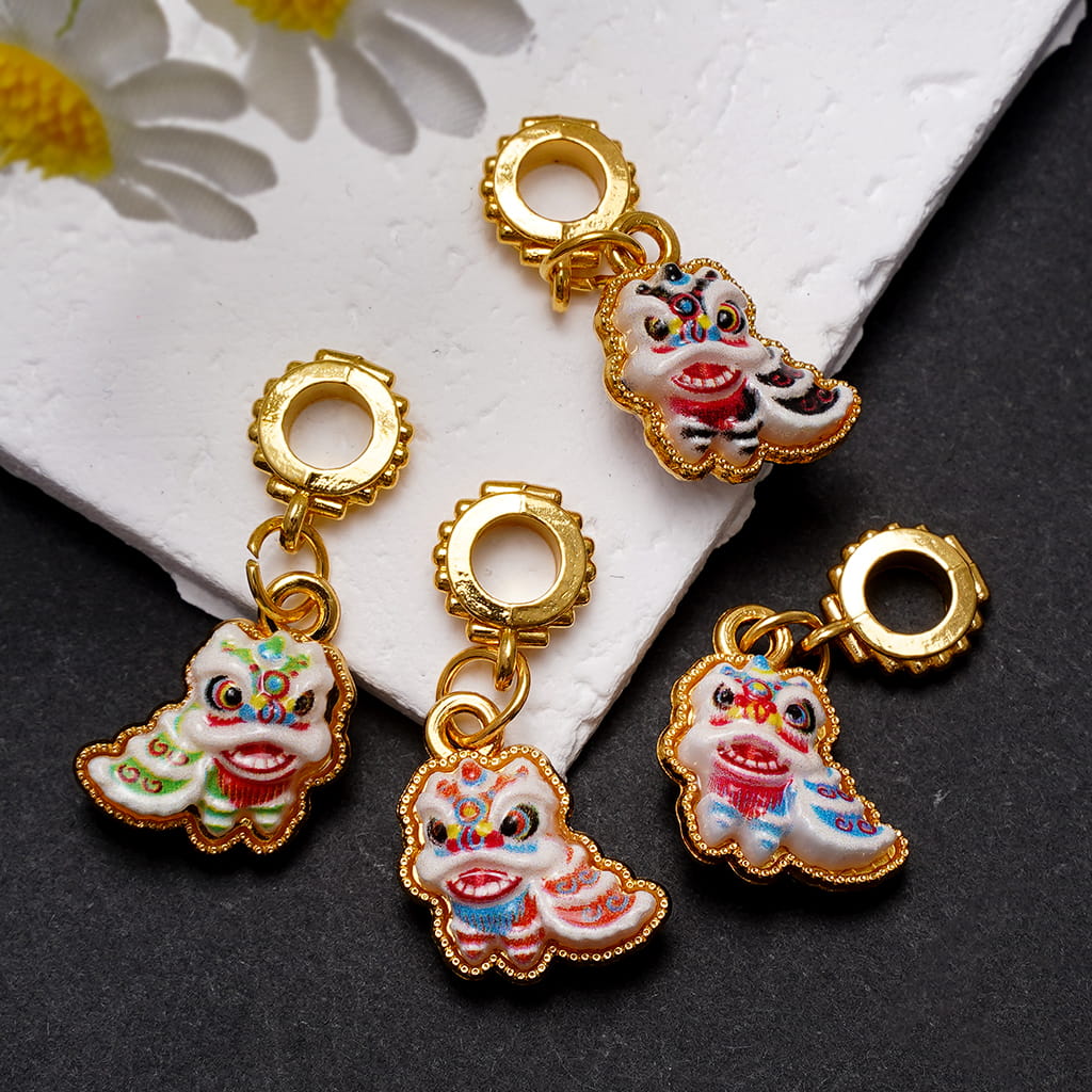 Gold Metal Bail Beads with Charm Pendants Traditional Chinese Lion Dance, Random Mix