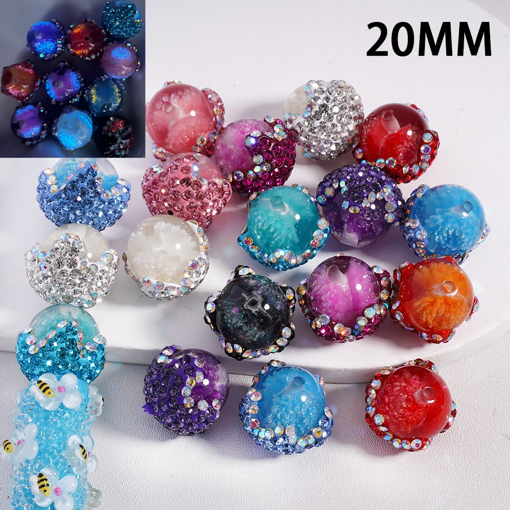 Clay Flower with Shiny Rhinestones Luminous Clear Round Acrylic Beads Glitter Flower Inside, 20MM, Random Mix