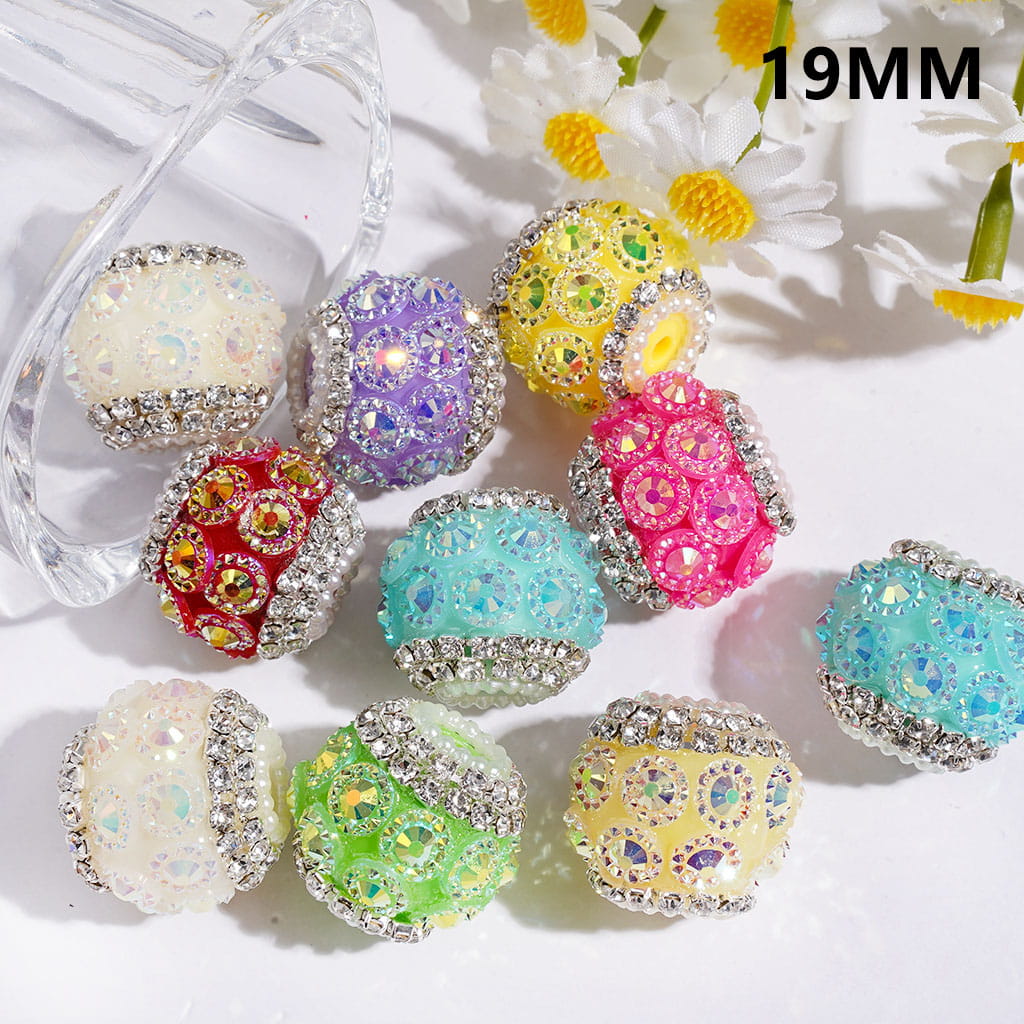 Dazzling Hand-Made Acrylic Beads w Cone Shaped Leaf & Clear Rhinestones, White Pearl Chain, Around 19MM, Random Mix