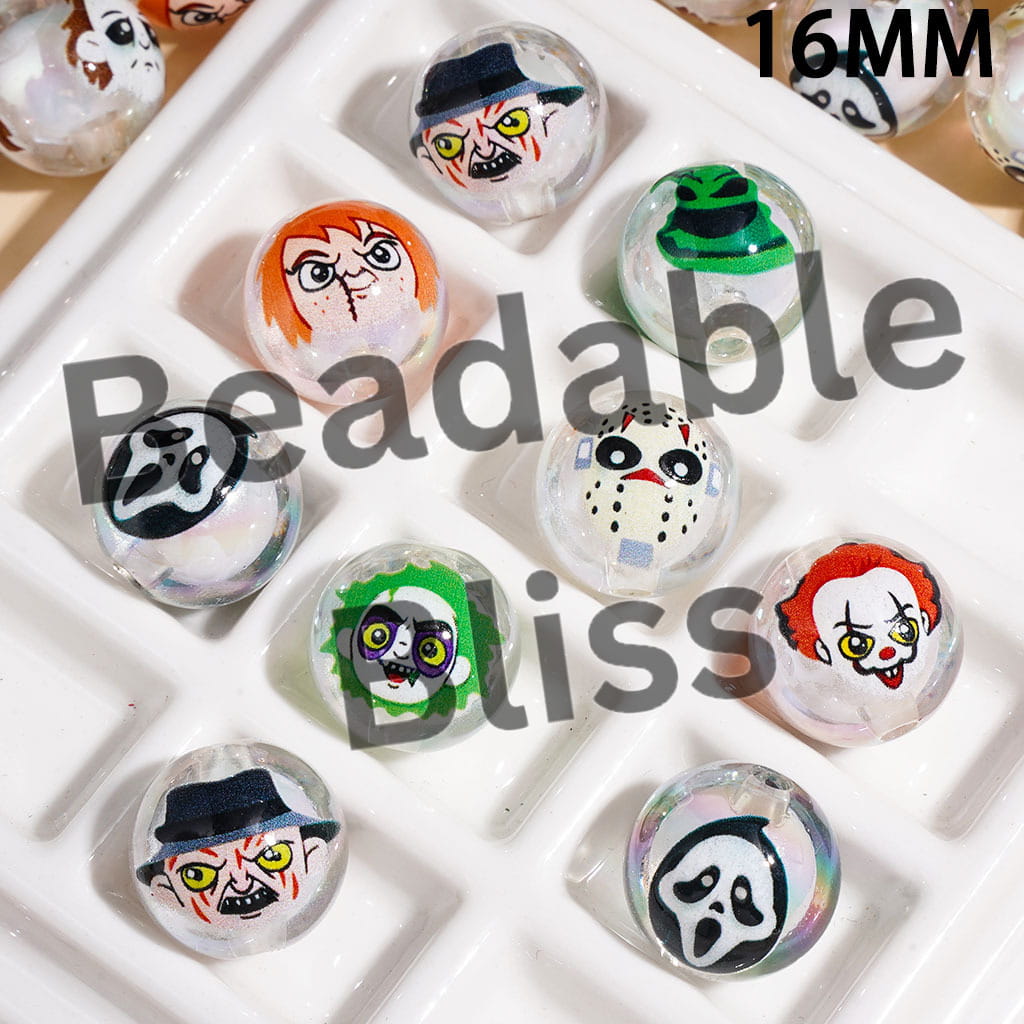 Acrylic Beads for Bracelets UV-Coated Villain Horror Character Patterns, White Ball Embedded Inside, 16MM, Random Mix