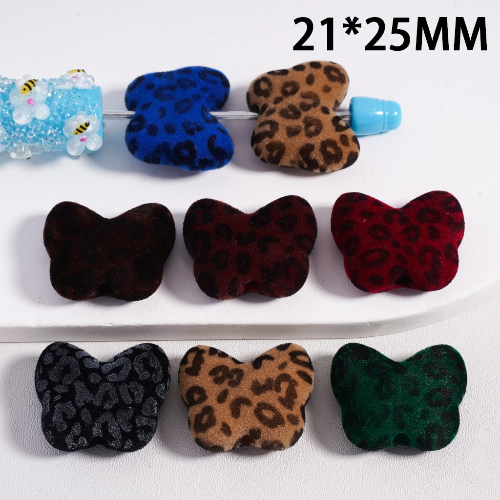 Acrylic Beads Cute Flocked Fluffy Jaguar Printed Butterfly, 21*25MM, Random Mix