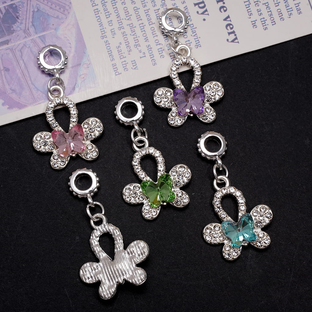 Silver Metal Bail Beads Dangle Charms Lucky Four Leaf Clover with Butterfly & Clear Rhinestones, Ornament Accessories, Random Mix