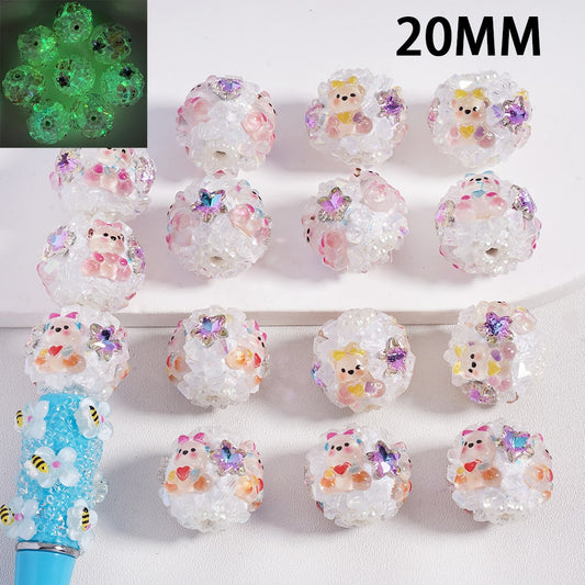 Clay Beads Luminous Cute Bear Shiny Rhinestones Stars White Pearls, 20MM, Random Mix