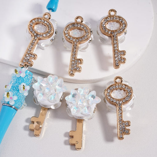 Fancy Gold Alloy Key Pendant with Dangle Ring Shiny Clear Rhinestones Cute Butterfly Heart Snowflakes Clay Beads