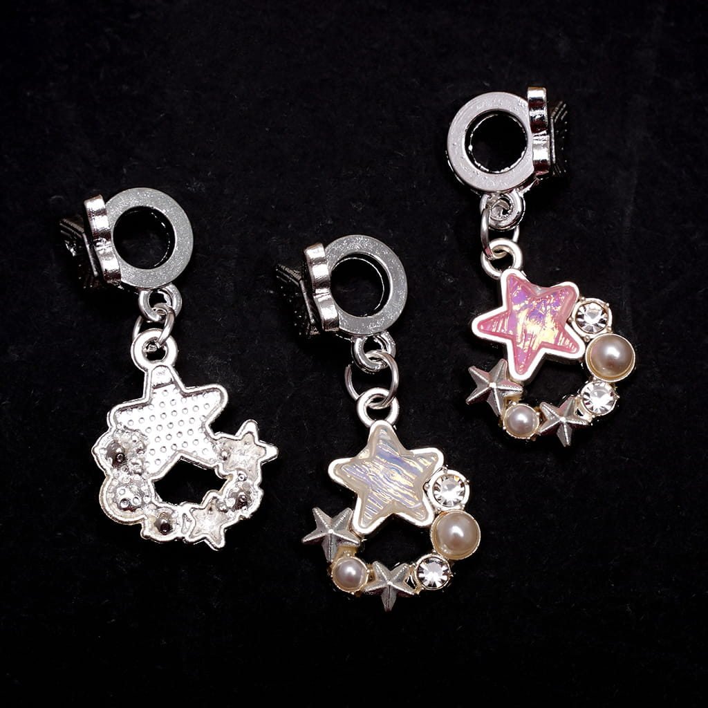 Silver Alloy Bail Beads with Butterfly, Charm Pendant Star Rhinestone Surround by Clear Rhinestones White Pearls Star, Random Mix
