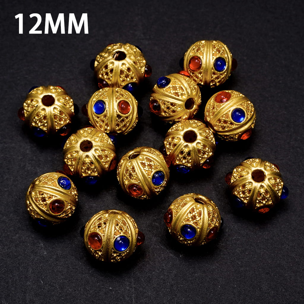 Gold Hollow Web Texture Alloy Beads Ball with Red and Blue Rhinestones, 12MM