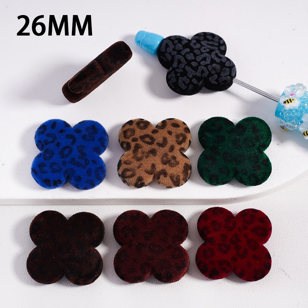 Acrylic Beads Flocked Fluffy Jaguar Printed Four Leaf Clover, 26MM, Random Mix