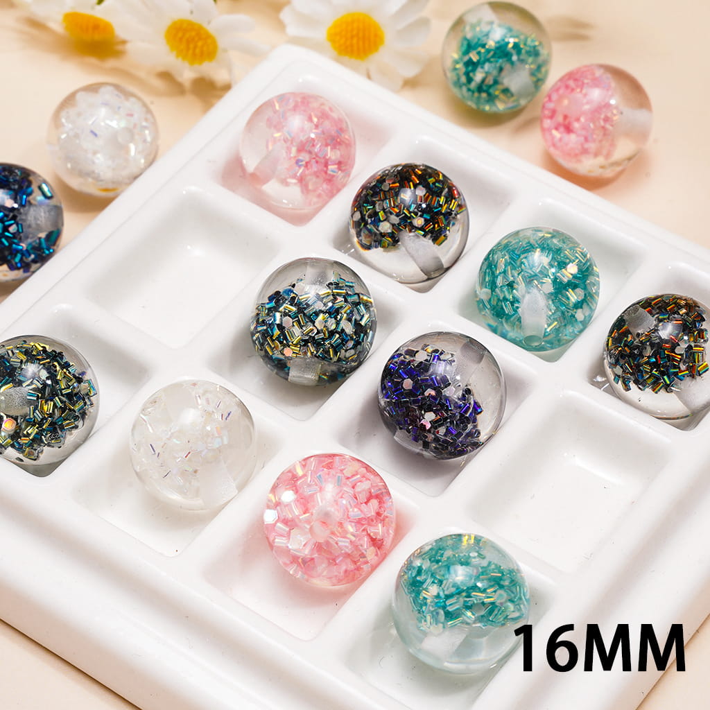 Acrylic Beads with Confetti Flake Cylinder Embedded Inside Bead, 16MM, Various Color, Random Mix