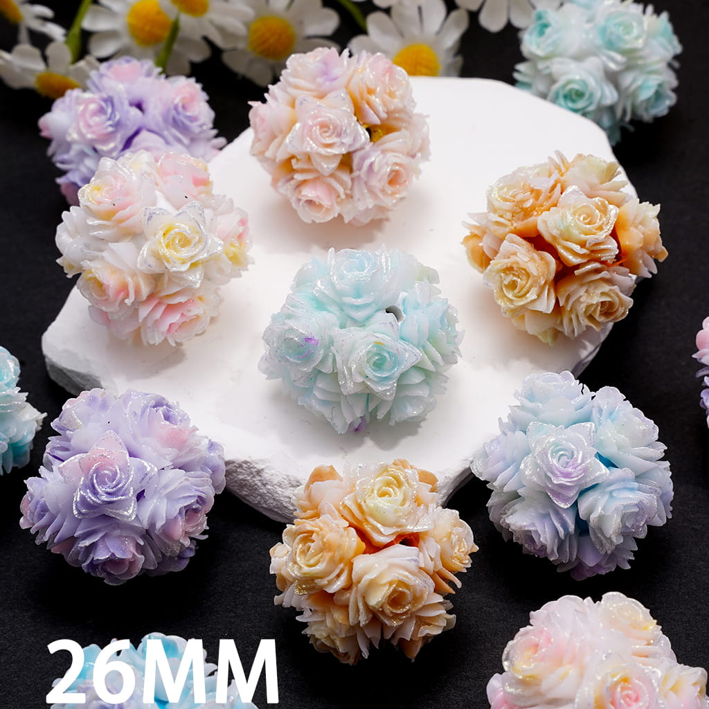 Clay Beads with Luminous Glitter Blooming Flowers in Ombre Colors, Around 26MM, Random Mix