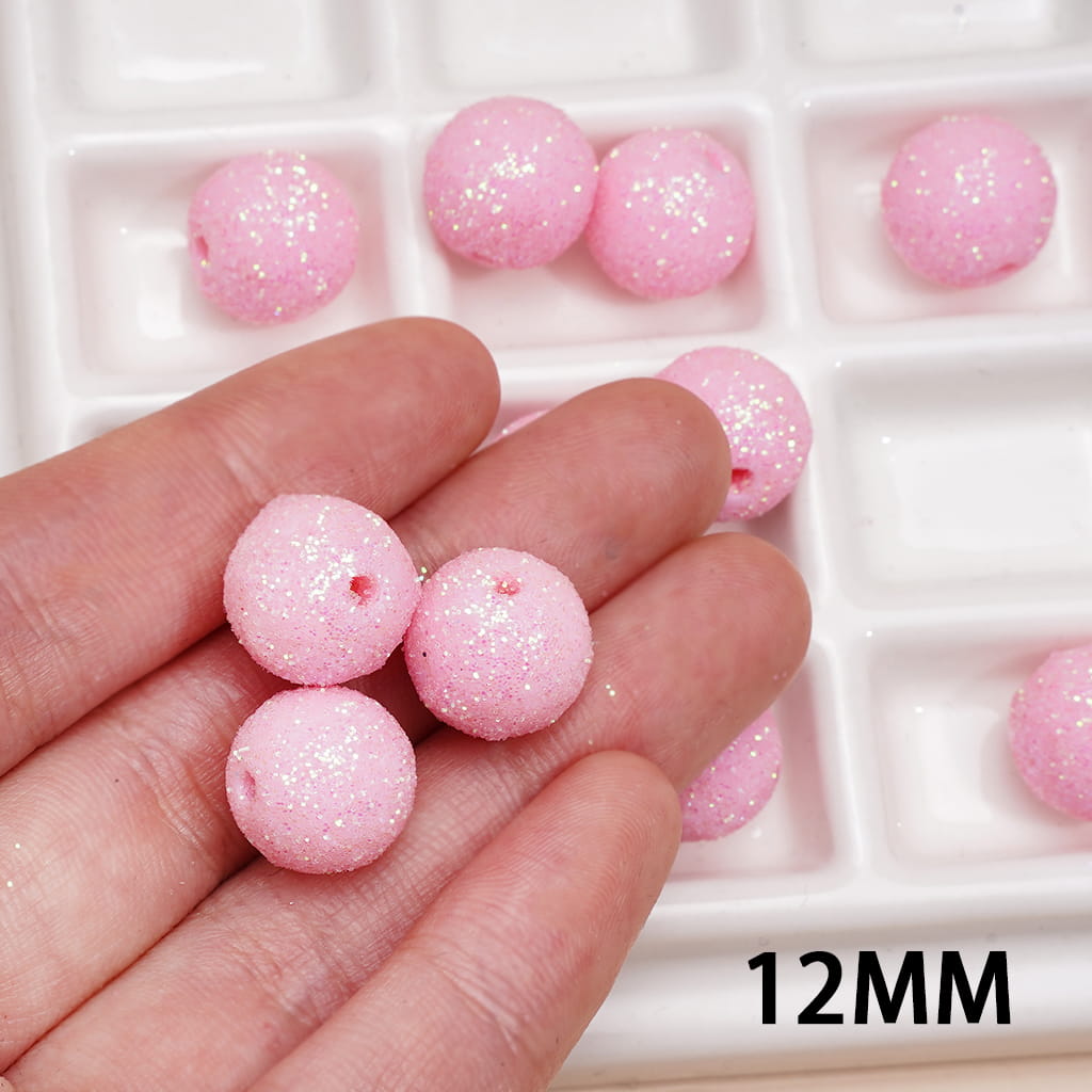 Acrylic Beads for Bracelets Pink Round with Shiny Glitters, 12MM, Middle Size