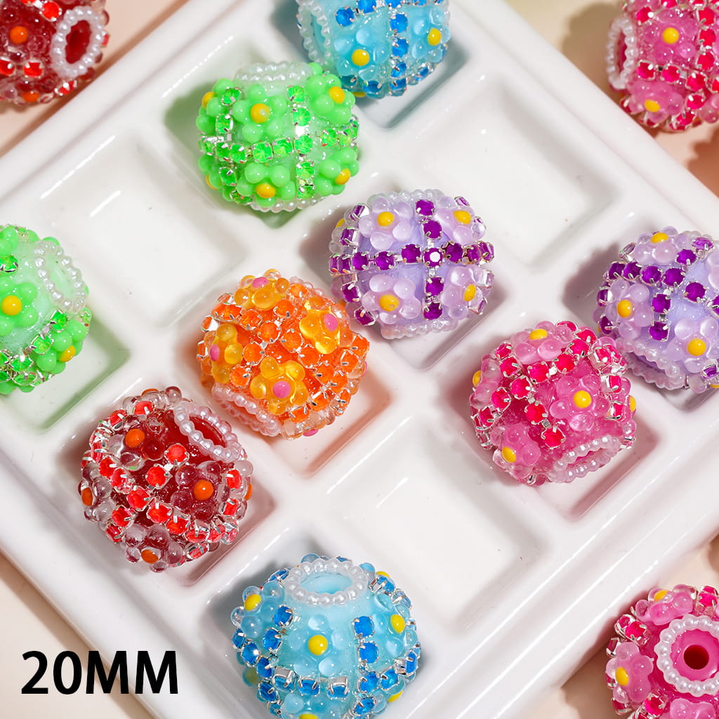 Handmade Acrylic Beads with Flowers and Neon Color Rhinestone Chains, White Pearl Chains, 20MM, Random Mix