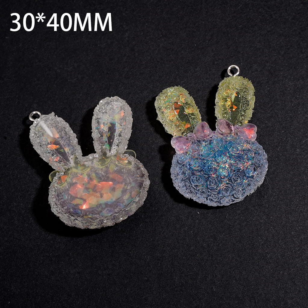 Acrylic Beads Pendants Matte Ombre Color Bunny Head w Rose Flower and Bowtie, Broken Gold Flakes Inside, 30*40MM, Random Mix