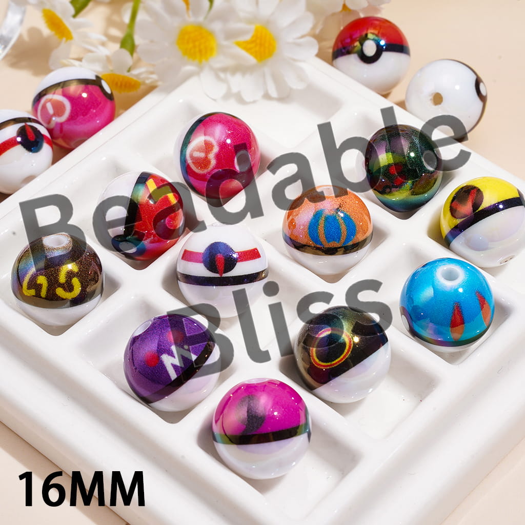 Acrylic Beads UV Coating Small Monster Series Balls with Prints, 16MM, Multi-Color, Random Mix