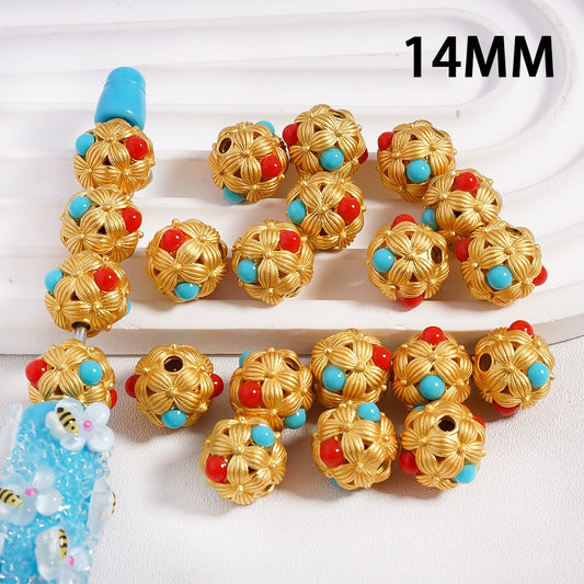 Fancy Gold Alloy Flower Beads with Red Blue Pearls, 14MM