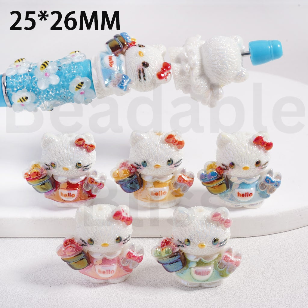 Acrylic Beads UV Coating Cute Hello Kitt Holds Flower Pot Bonsai Scissors, 25*26MM, Random Mix