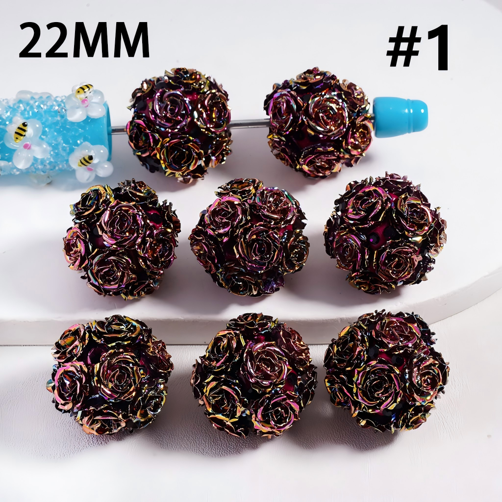 Clay Beads UV Coating Shiny Dazzling Purple-Red Flowers Rhinestones