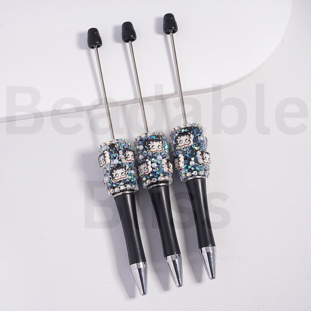 Beadable Clay Pen with Cute Bett Boo AB & Cone Shape Rhinestones White Pearls // Clay Beads Cute Bett Boo AB Rhinestones, 20MM