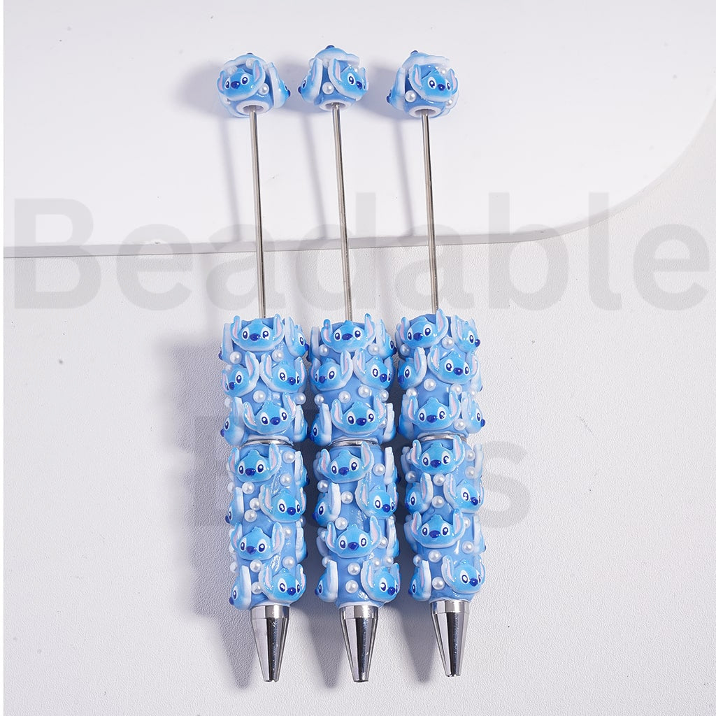 Beadable Clay Pen with Cute Blue Stitc White Pearls