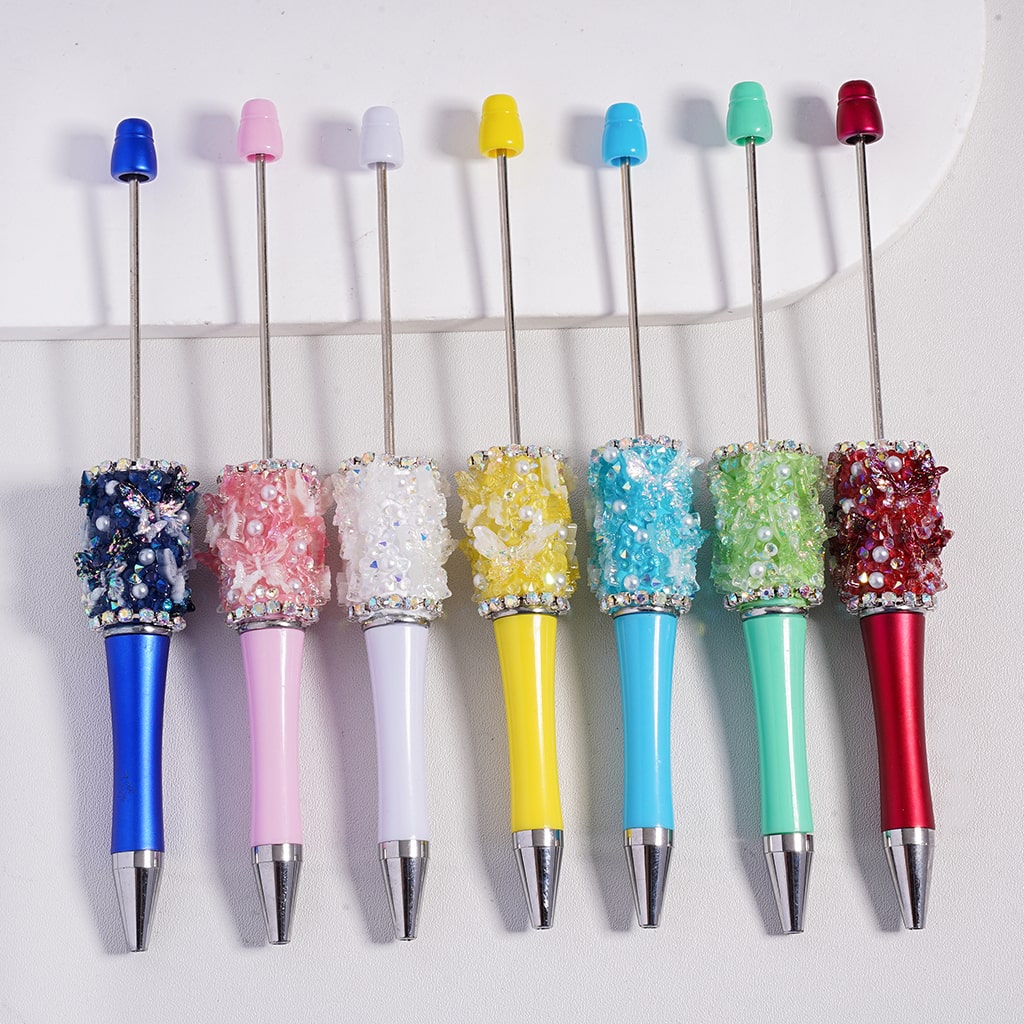 Beadable Clay Pen with Cute Shiny Butterflies AB & Cone Shape Rhinestones White Pearls in Solid Color