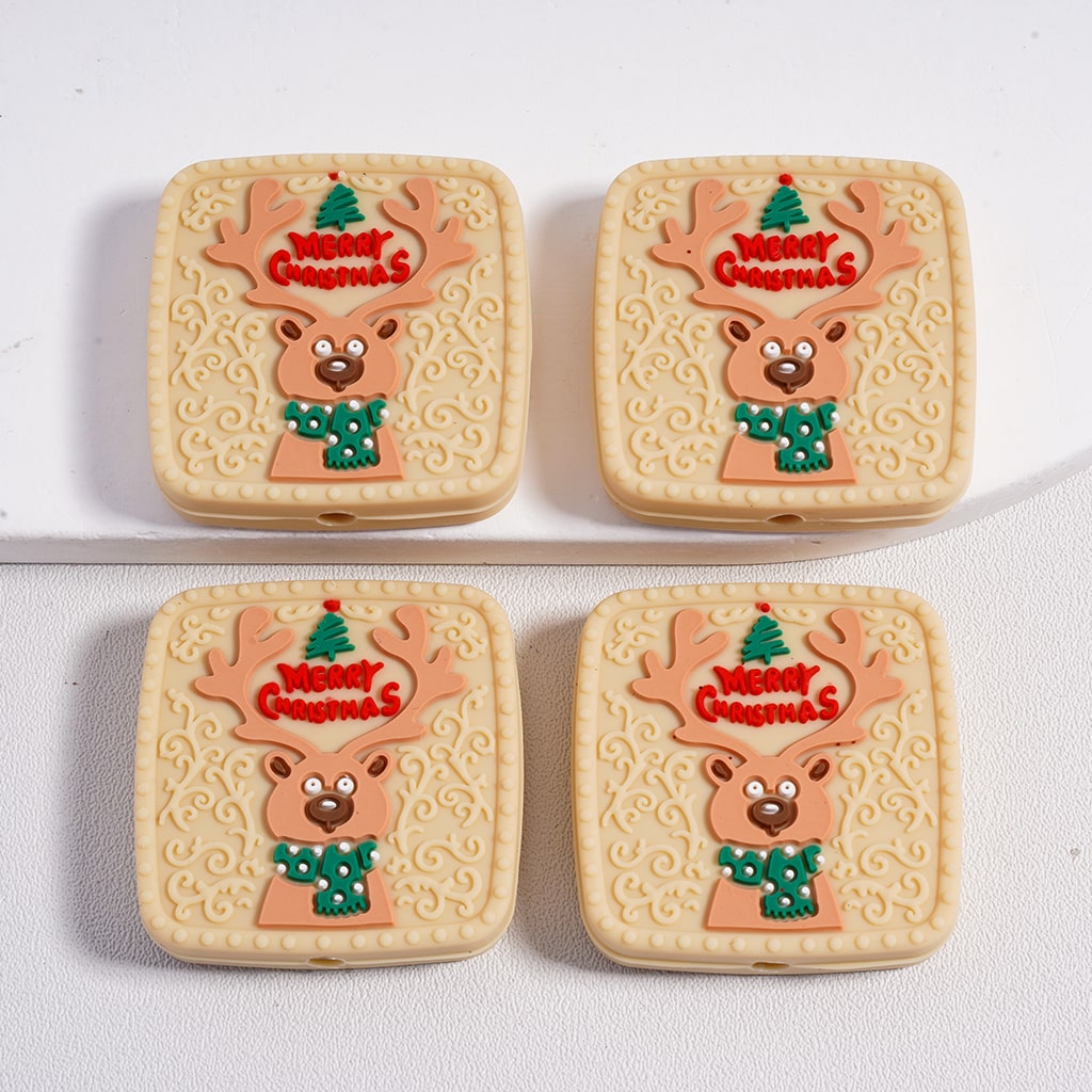 Silicone Focal Beads Merry Christmas Cute Deer, Square Shape, Beige Color