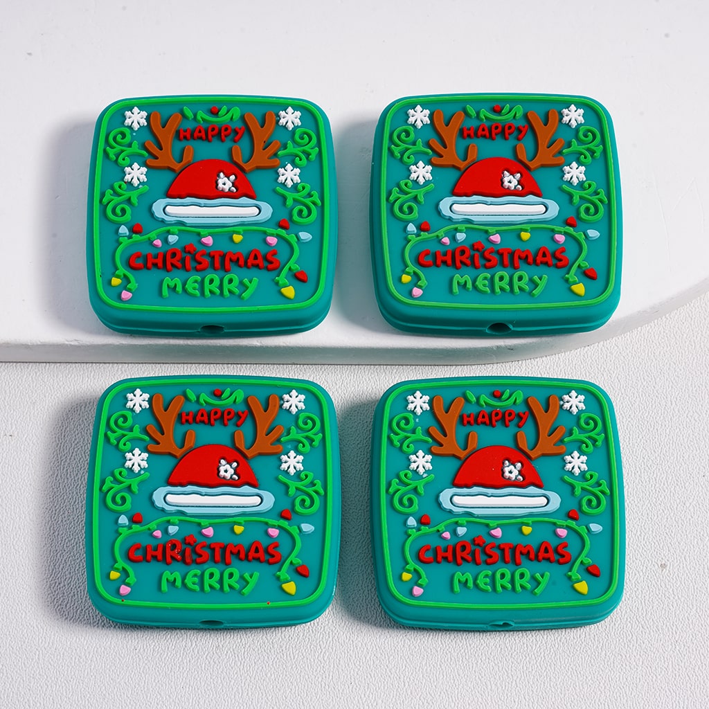 Silicone Focal Beads Merry Christmas Cute Deer Horn, Square Shape, Green Color