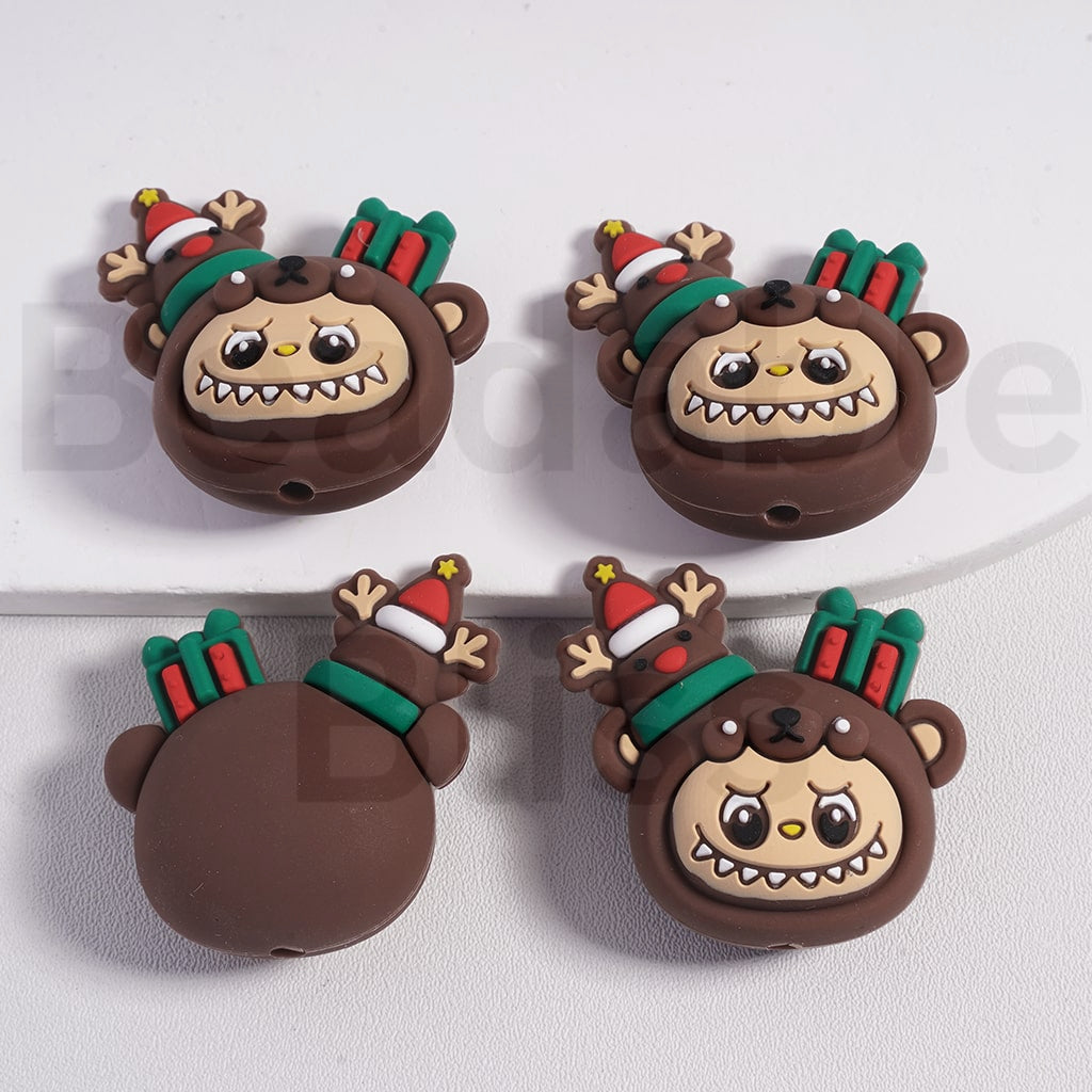 Silicone Focal Beads 3D Cute L-B-B with Mini Christmas Deer Gift Box