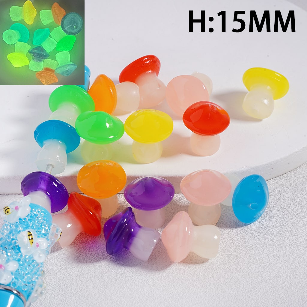 Acrylic Beads Luminous Cute Mushrooms in Dual Colors, 15MM Height (No Dots)