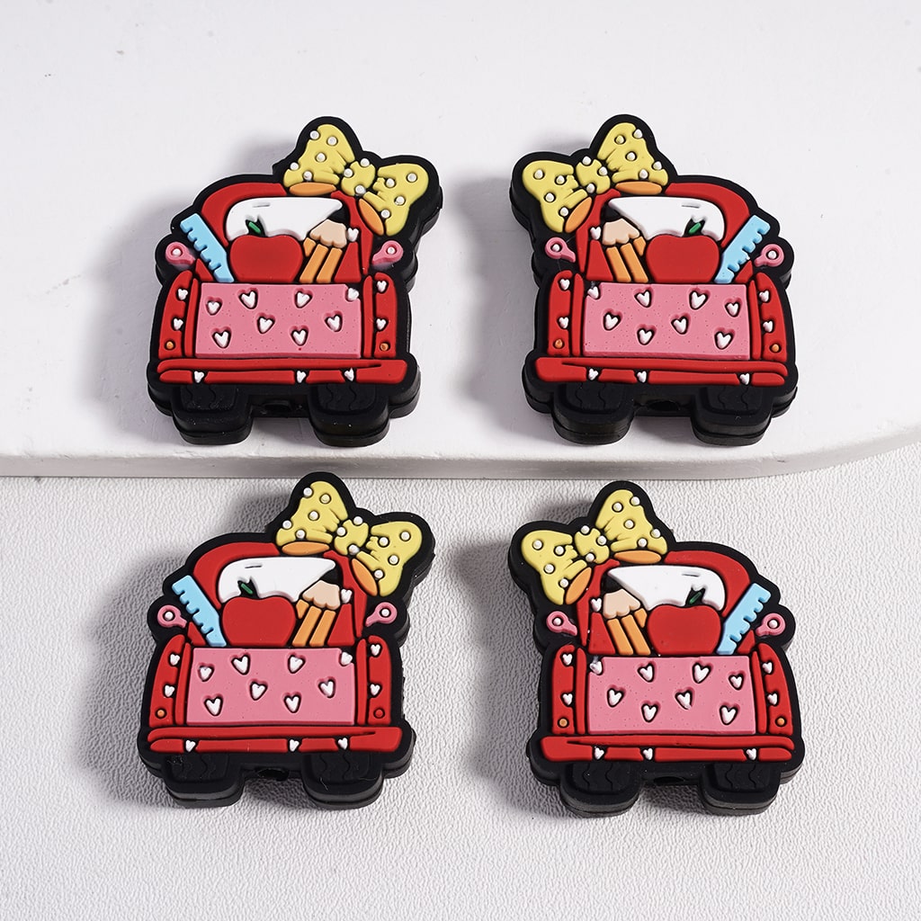 Silicone Focal Beads Cute Truck with Bow Pencil Ruler Apple Teacher School