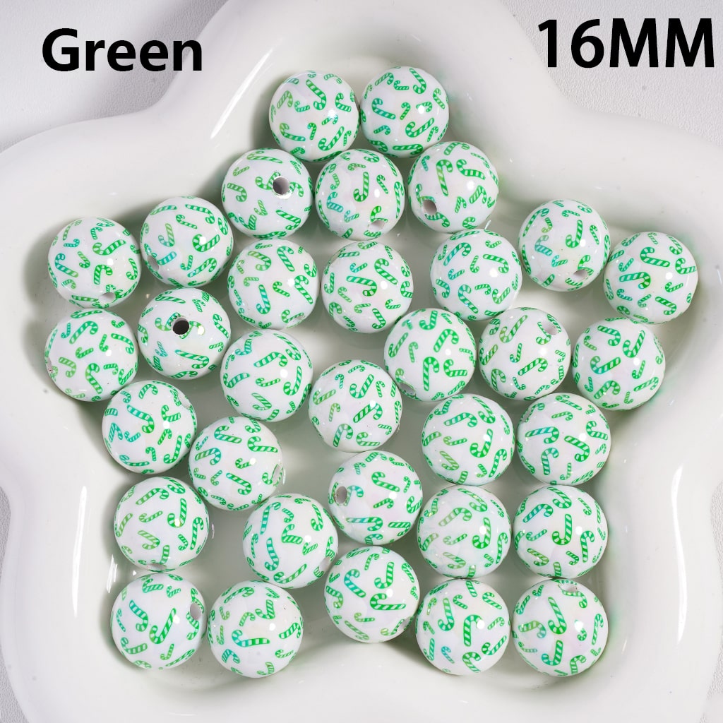 Acrylic Beads UV Coating Christmas Series Red Green Candy Cane Printed, White, 16MM (Single Color is available for 200pcs(Whole Bag) Only)