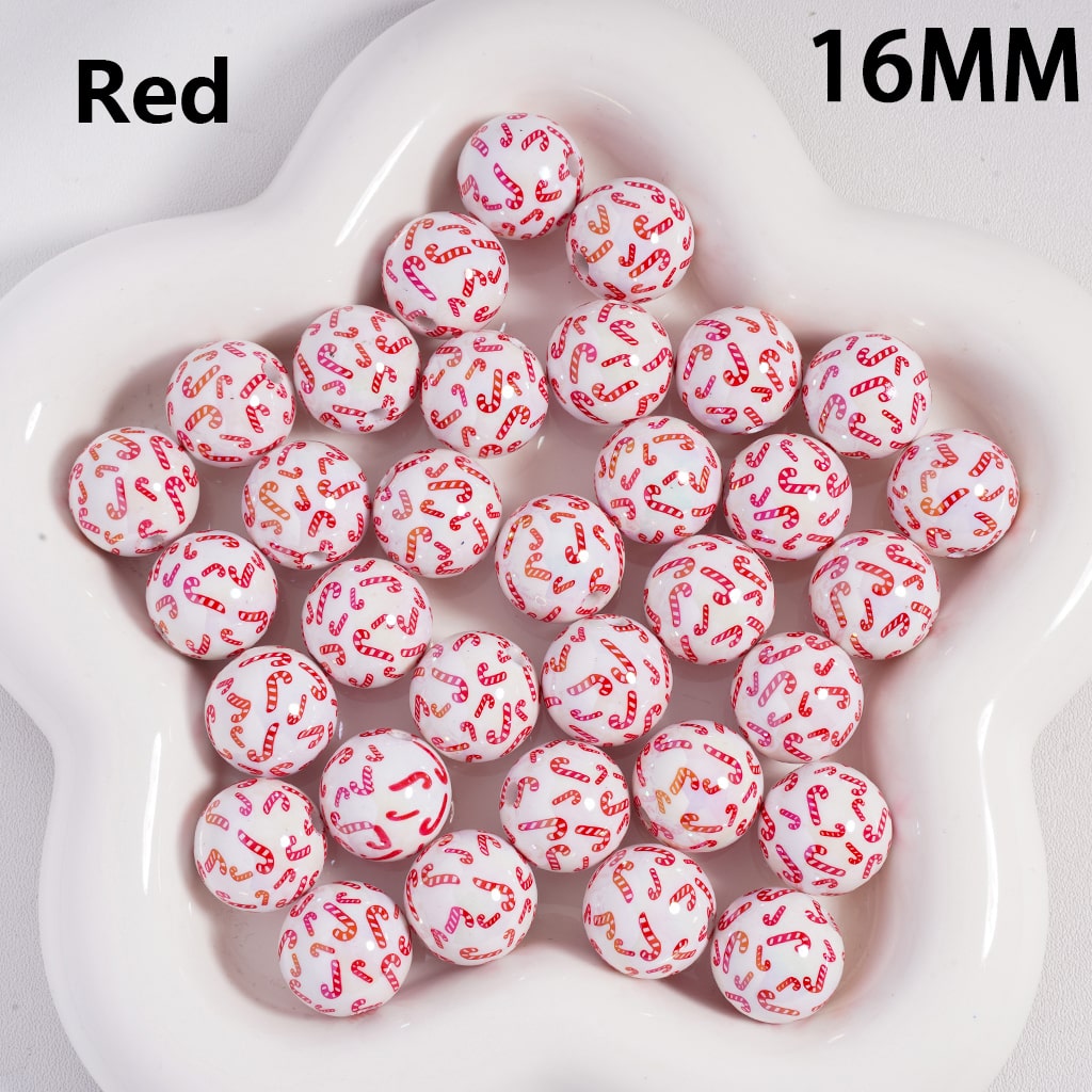 Acrylic Beads UV Coating Christmas Series Red Green Candy Cane Printed, White, 16MM (Single Color is available for 200pcs(Whole Bag) Only)