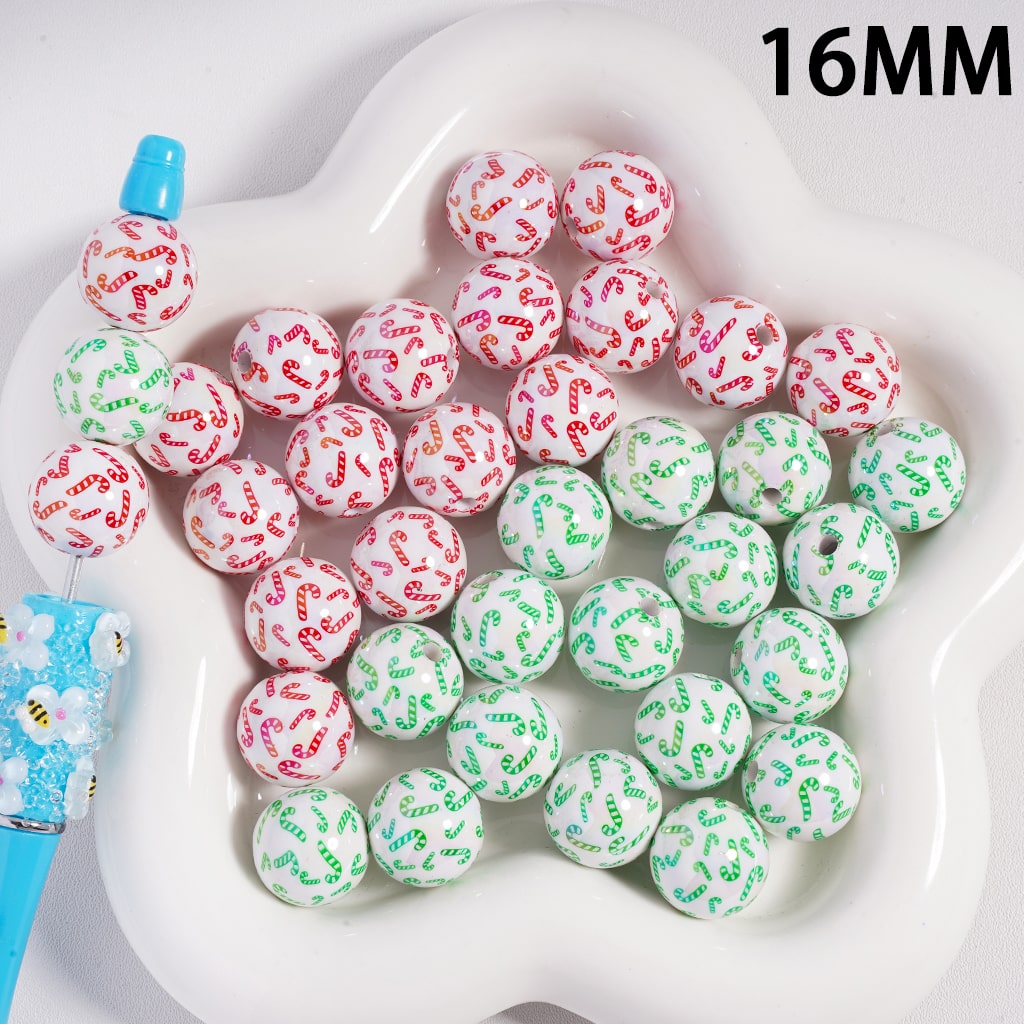 Acrylic Beads UV Coating Christmas Series Red Green Candy Cane Printed, White, 16MM (Single Color is available for 200pcs(Whole Bag) Only)