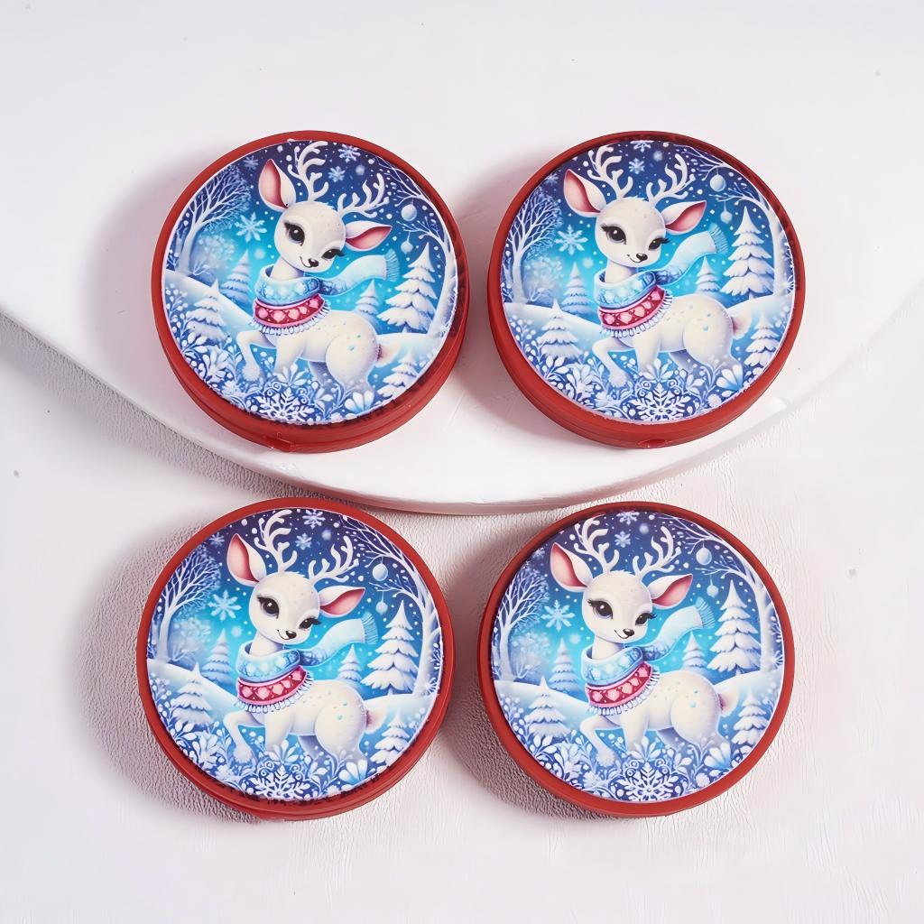 Silicone Focal Beads Cute Reindeer Christmas with Scarf, Red Flat Round Shape