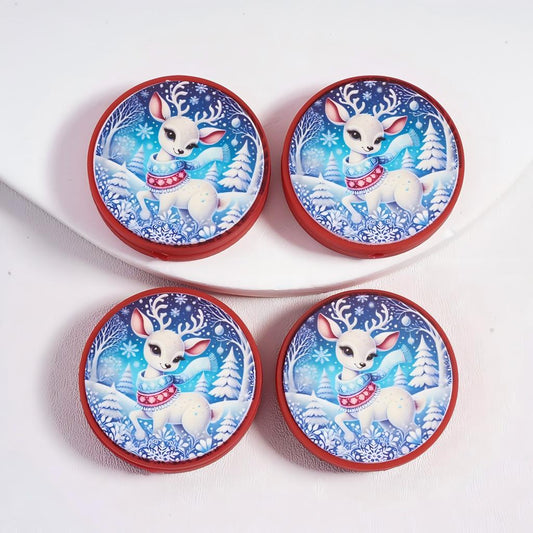 Silicone Focal Beads Cute Reindeer Christmas with Scarf, Red Flat Round Shape