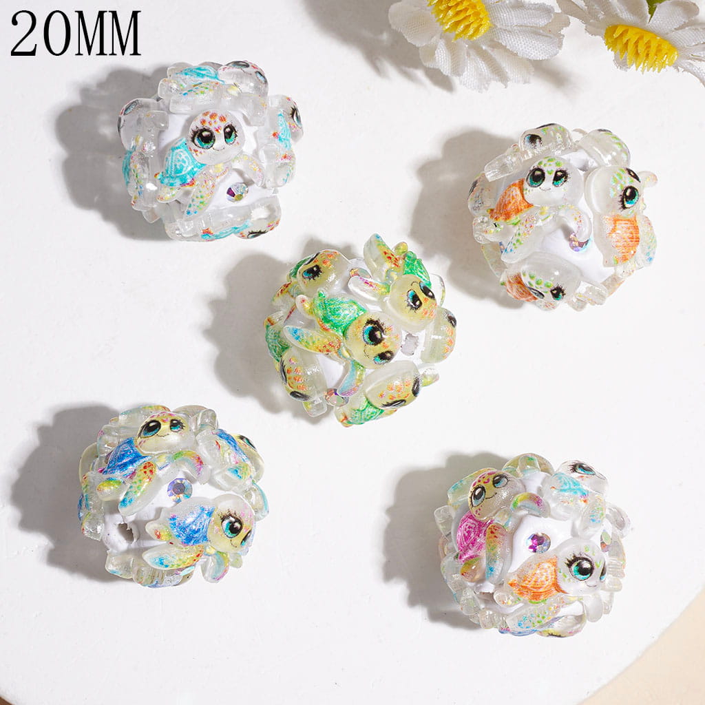 Clay Beads with Colorful Turtle and AB Rhinestones, 20MM Multi-Color Random Mix