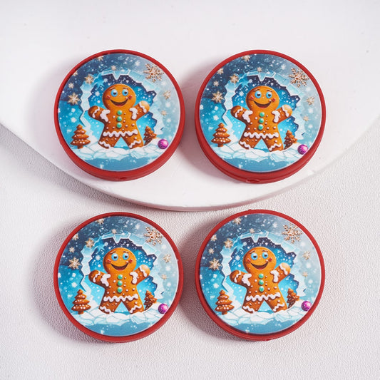 Silicone Focal Beads the Snowbound Laughing Christmas Gingerbread Man, Flat Round Shape