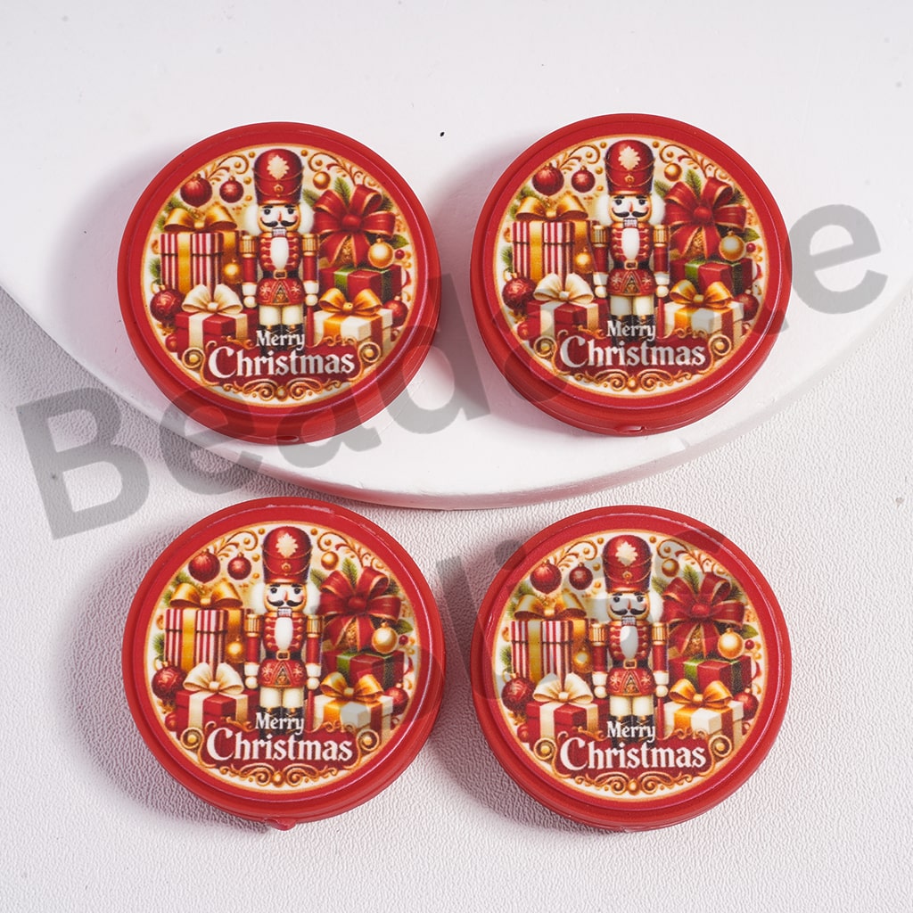 Silicone Focal Beads Wooden Nutcracker Soldier Toys with Merry Christmas Gift, Flat Round Shape