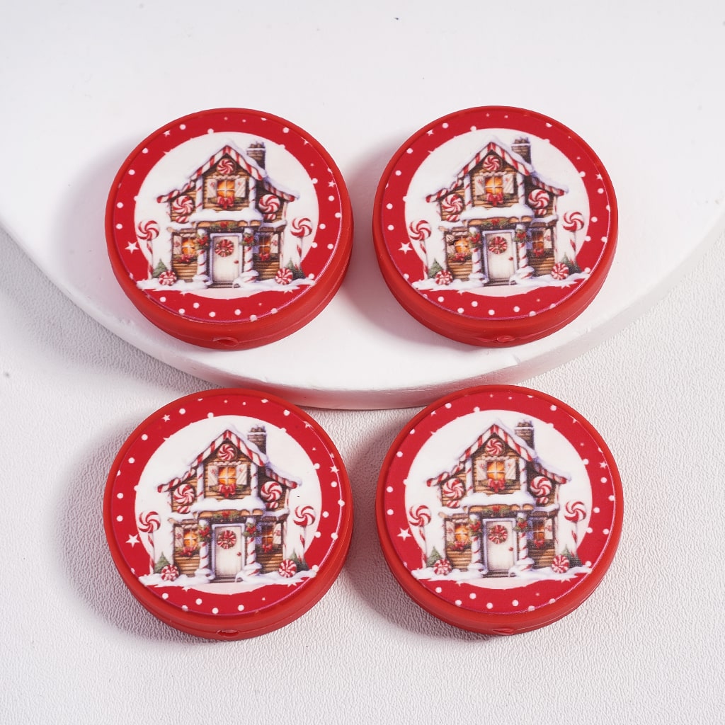 Silicone Focal Beads the Snowbound House with Candies and Bowtie Christmas, Flat Round Shape