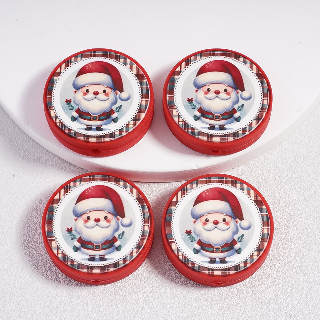 Silicone Focal Beads Santa Claus Christmas with Red Hat Flower and Leaves, Flat Round Shape